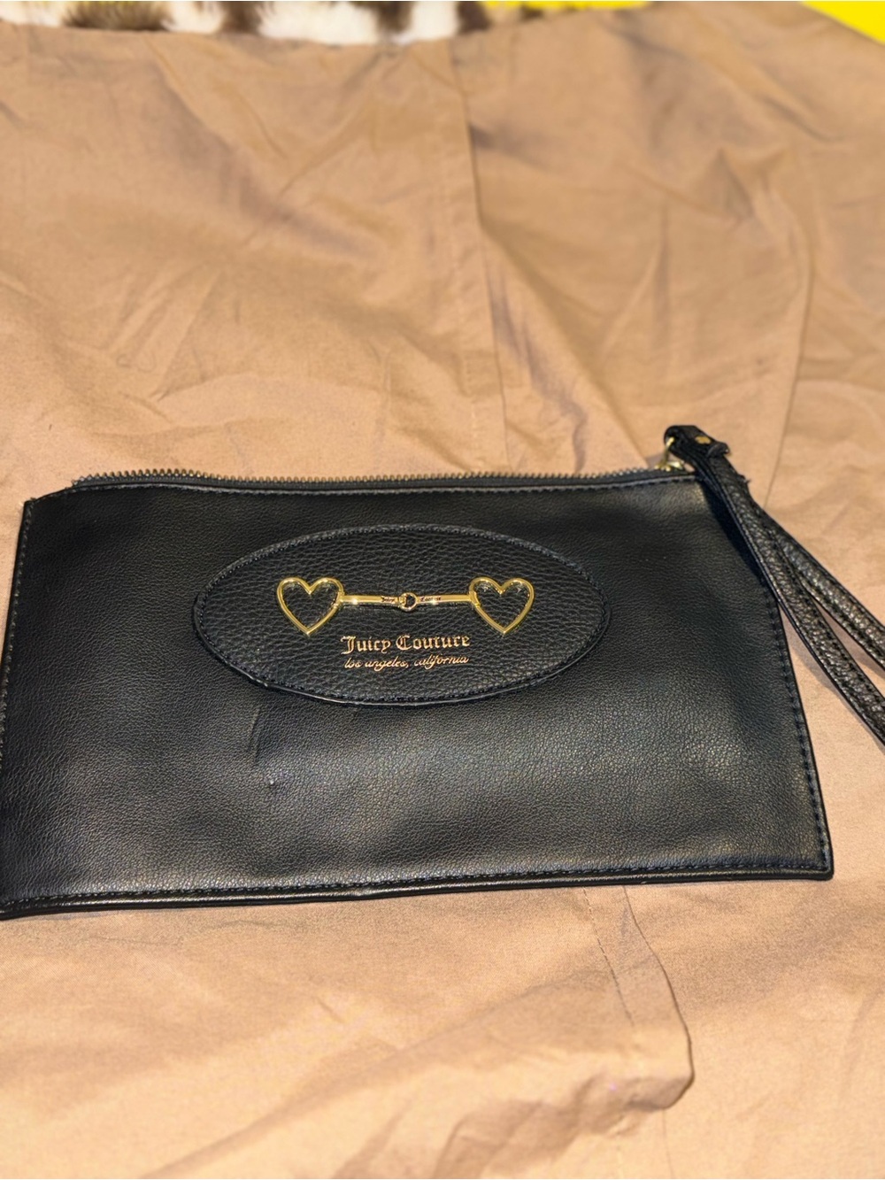 Juicy Couture Black Leather Wristlet Clutch with Gold Heart Accent